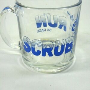 Libby heavy Glass Mug Clear SCRUB RUN 5 K RACE footed stamped Libby